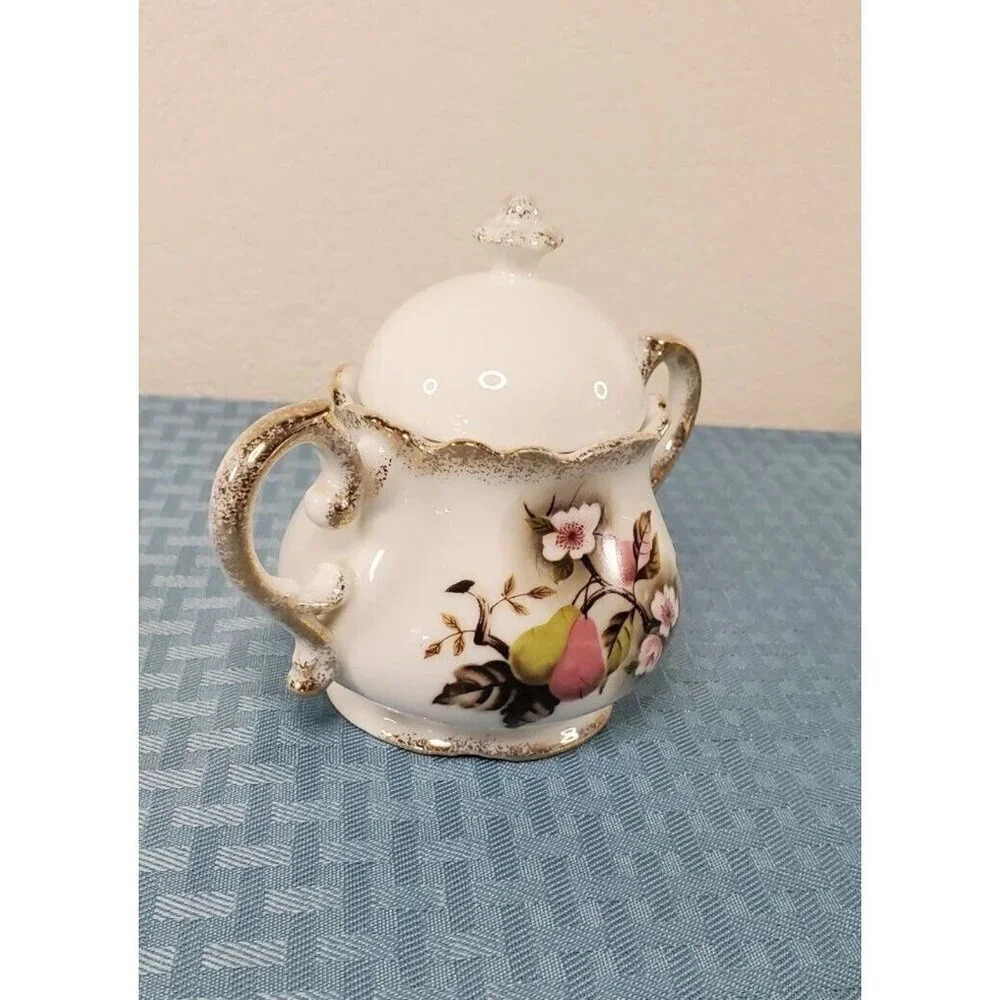 LEFTON CHINA SUGAR BOWL W/LID PAER FLORAL LEAF PATTERN NE 4354 Hand Panted - Picture 3 of 8